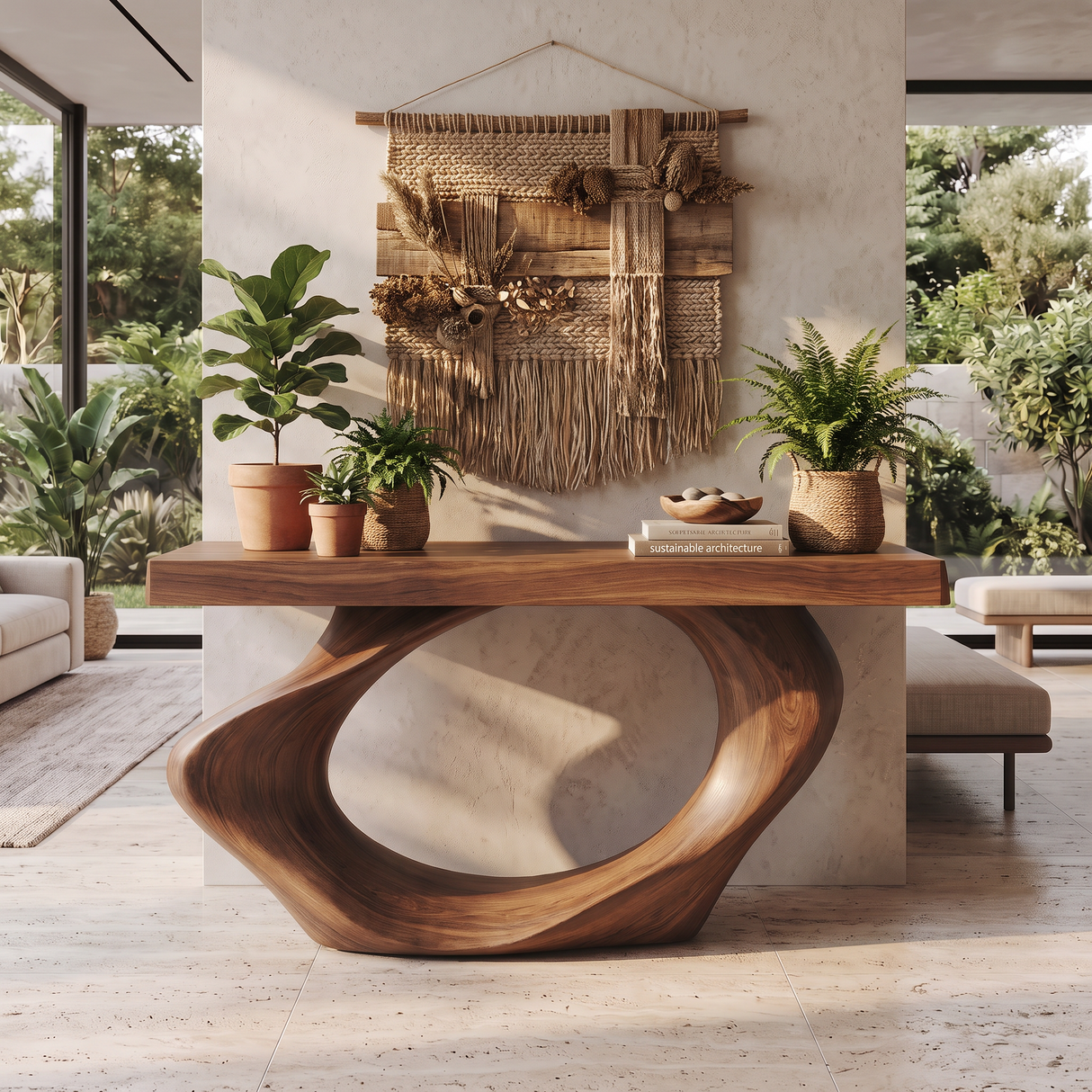 Console Table Solid Wood with Oval Loop Base for Entryway Decor
