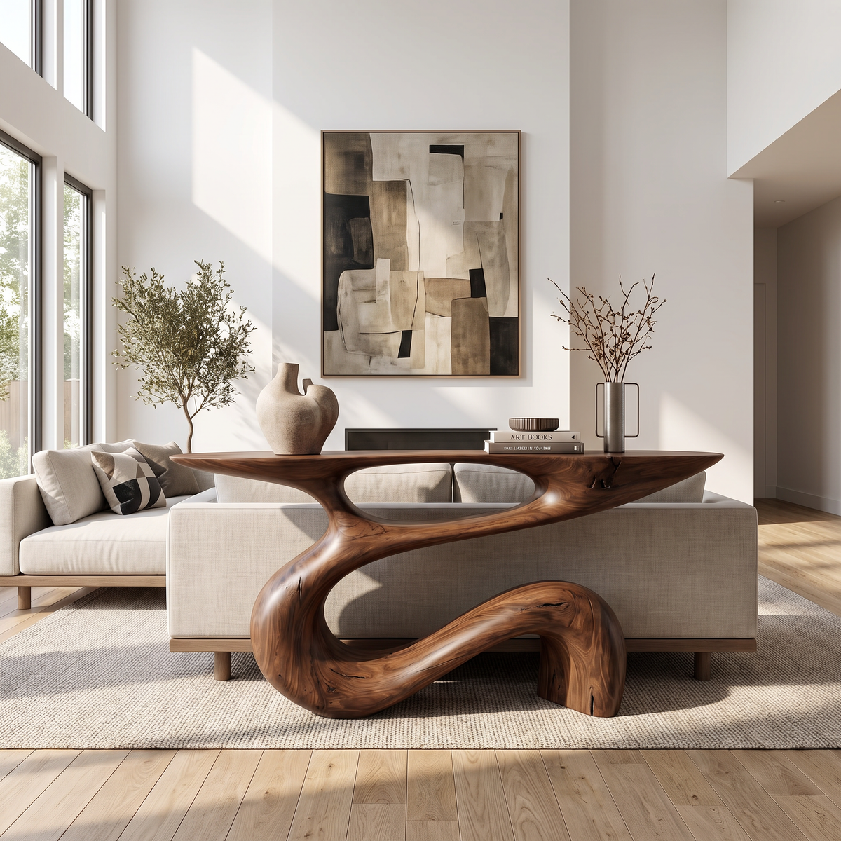 Solid Wood Console Table with Flowing Open Sculptural Base