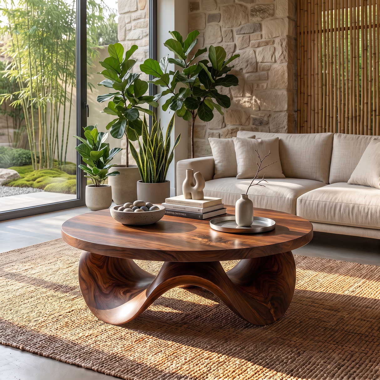 Coffee Table Solid Wood with Sculptural Petal Wave Base