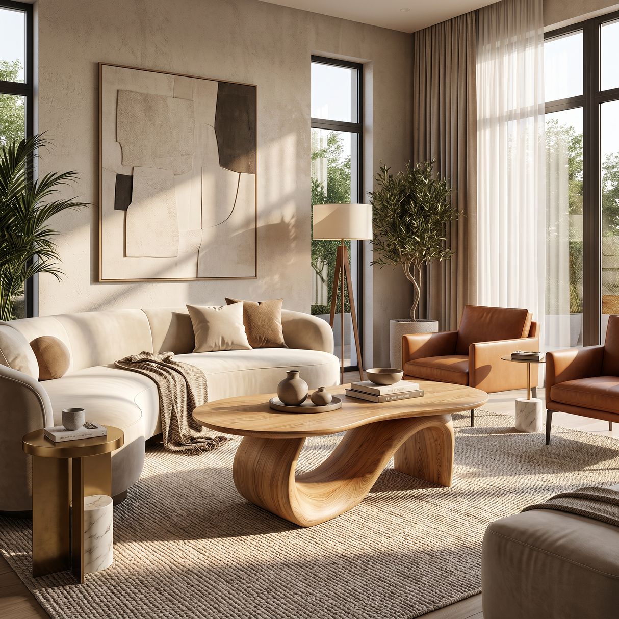 Solid Wood Coffee Table with Asymmetric Loop Base for Living Room