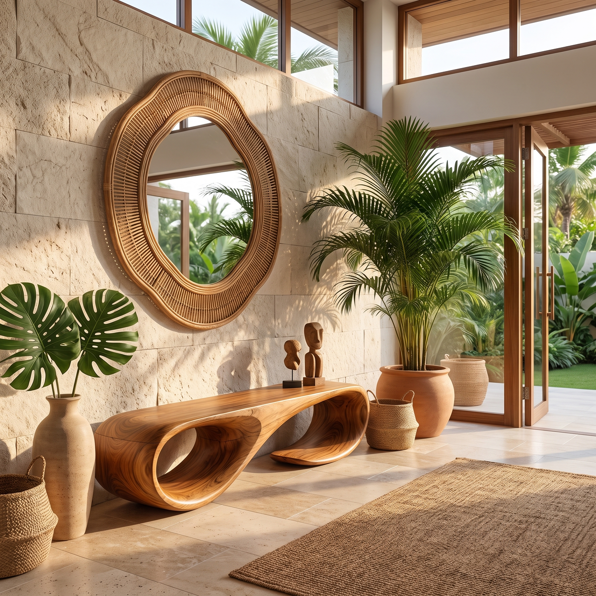 Organic Solid Wood Bench with Sculptural Double Loop Base for Modern Interiors