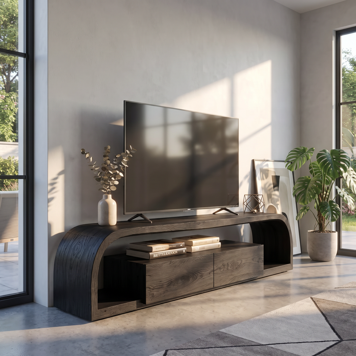 TV Console Solid Wood with Rounded Frame and Cabinet Storage for Living Room