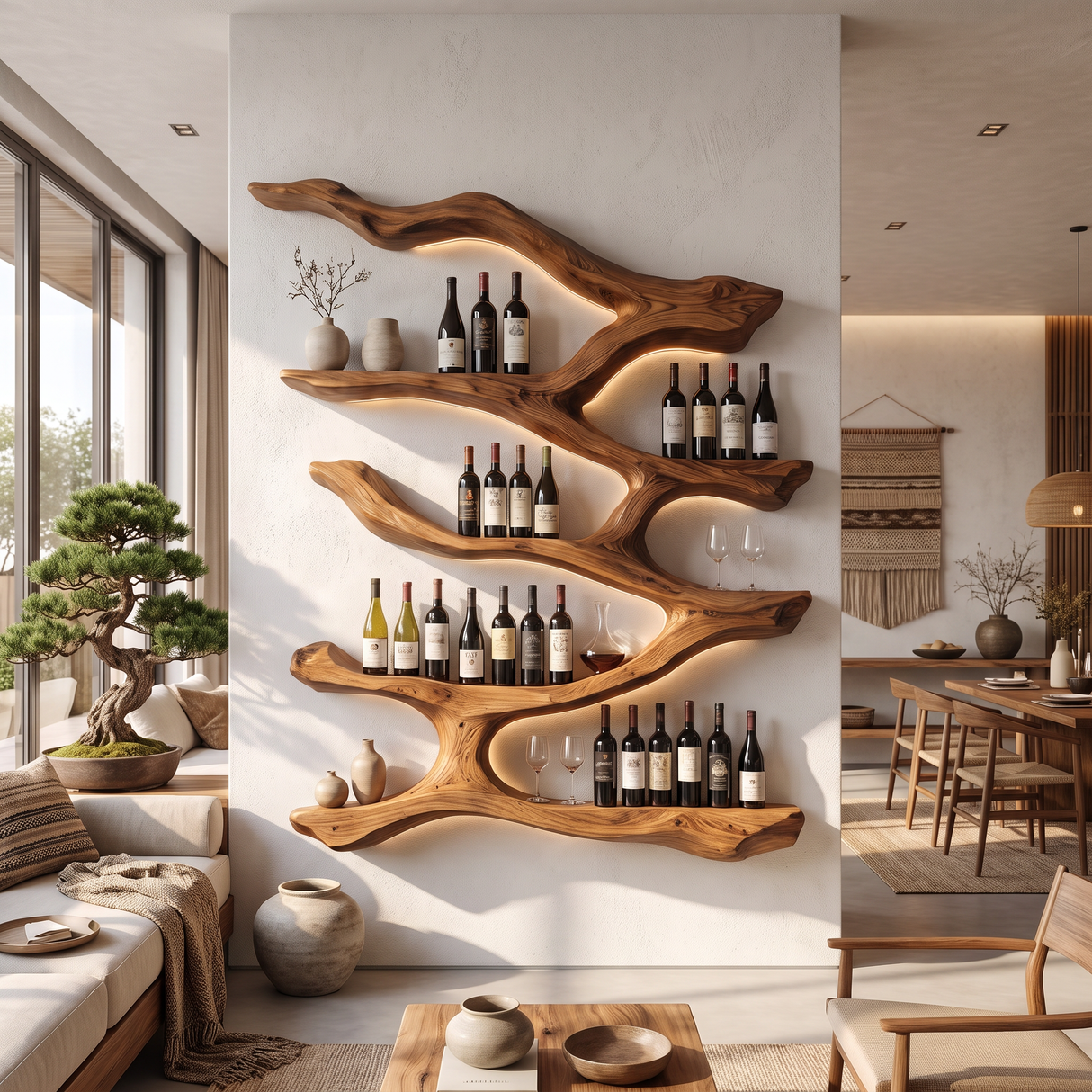 Wall Mounted Wine Rack Solid Wood Flowing Branch Shelves