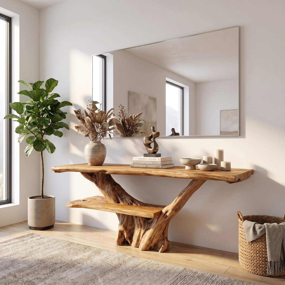 Console Table Solid Wood with Integrated Bench and Tree Branch Base