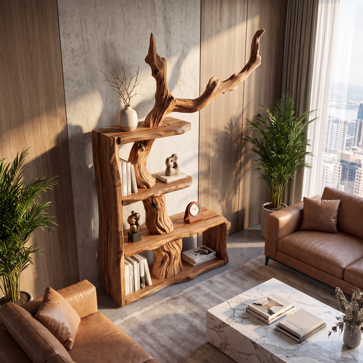 Sculptural Solid Wood Bookshelf with Tree Branch Form Organic Modern