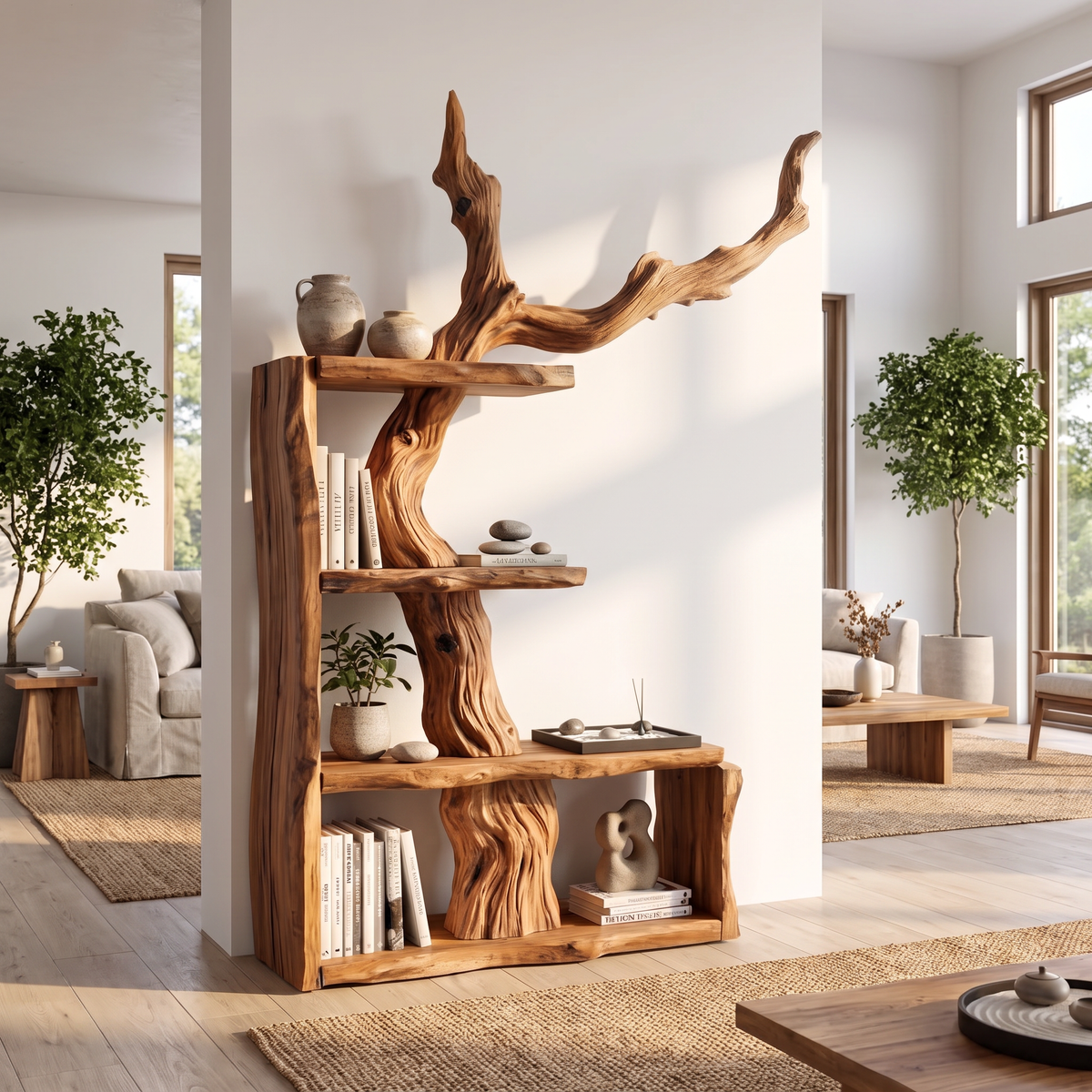 Sculptural Solid Wood Bookshelf with Tree Branch Form Organic Modern