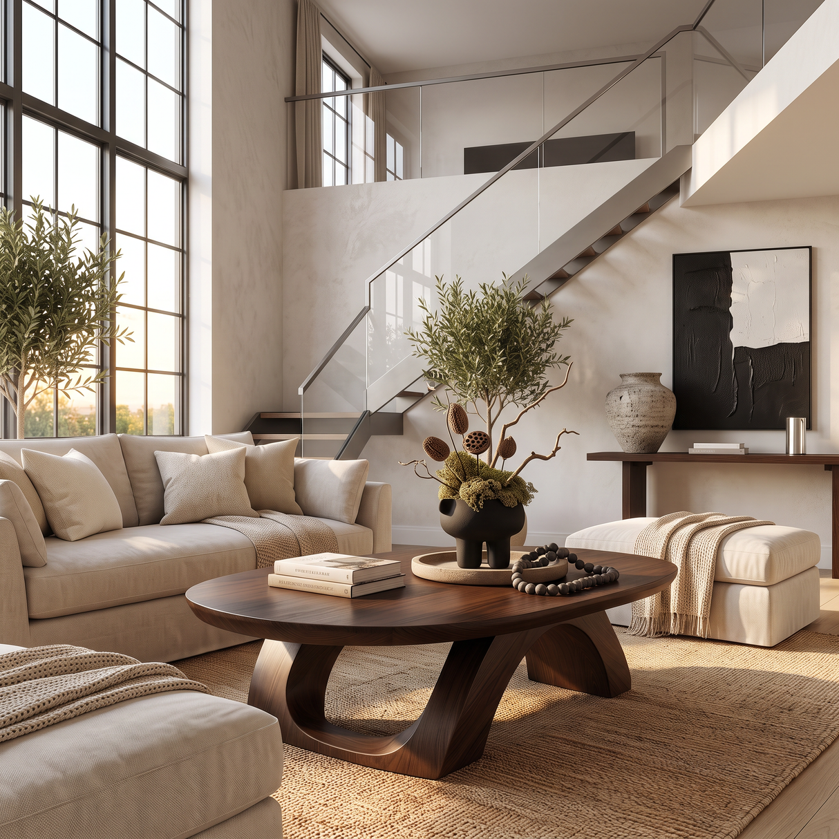 Coffee Table Solid Wood with Sculptural Twin Arch Base
