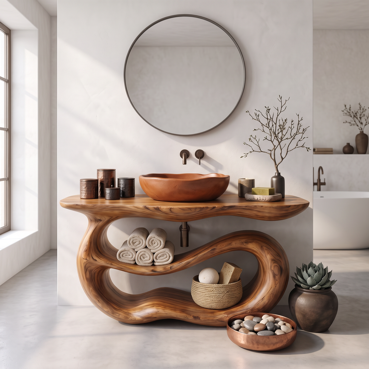 Bathroom Vanity Solid Wood with Sculptural Double Loop Base and Open Shelf Storage