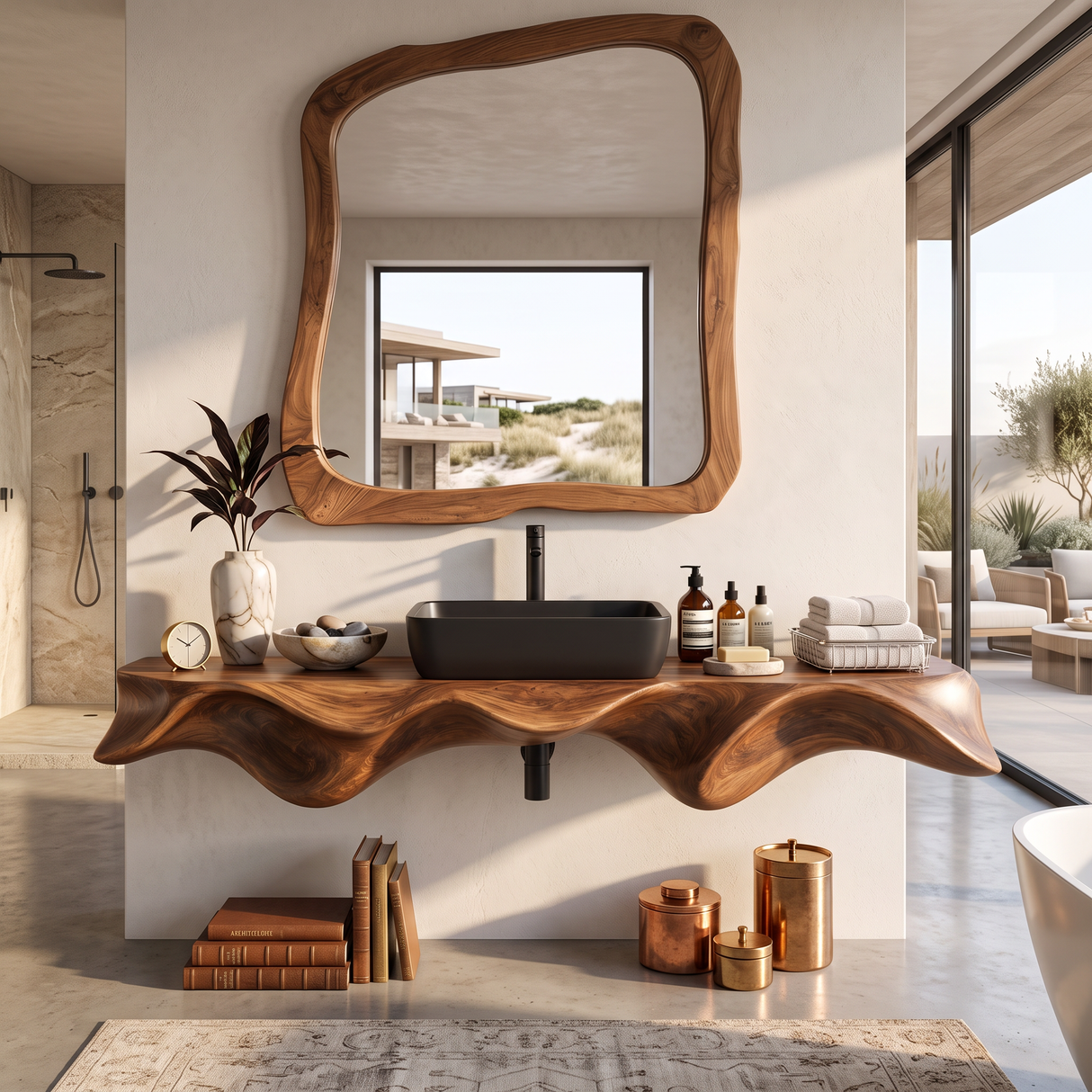 Bathroom Vanity Solid Wood with Sculptural Wave Edge Countertop