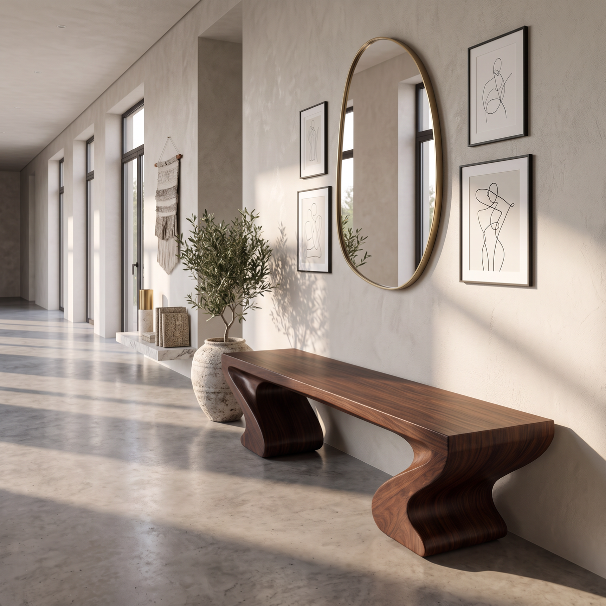 Bench Solid Wood with Twin Sculptural Curve Legs
