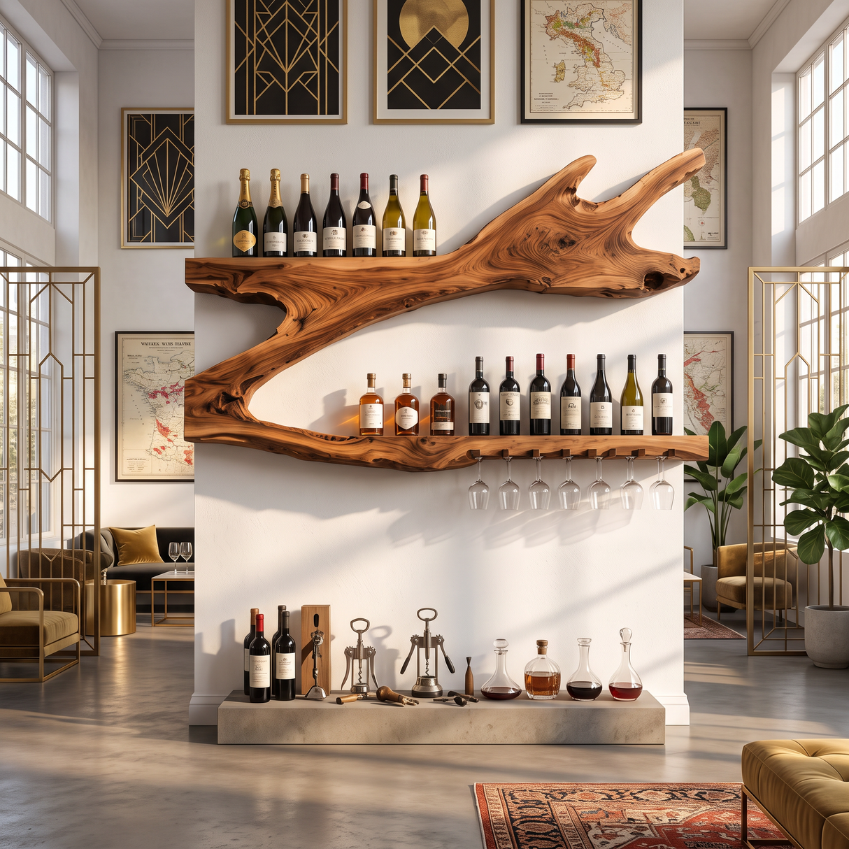 Wall Mounted Wine Rack Solid Wood Organic Branch Shelves for Home Bar