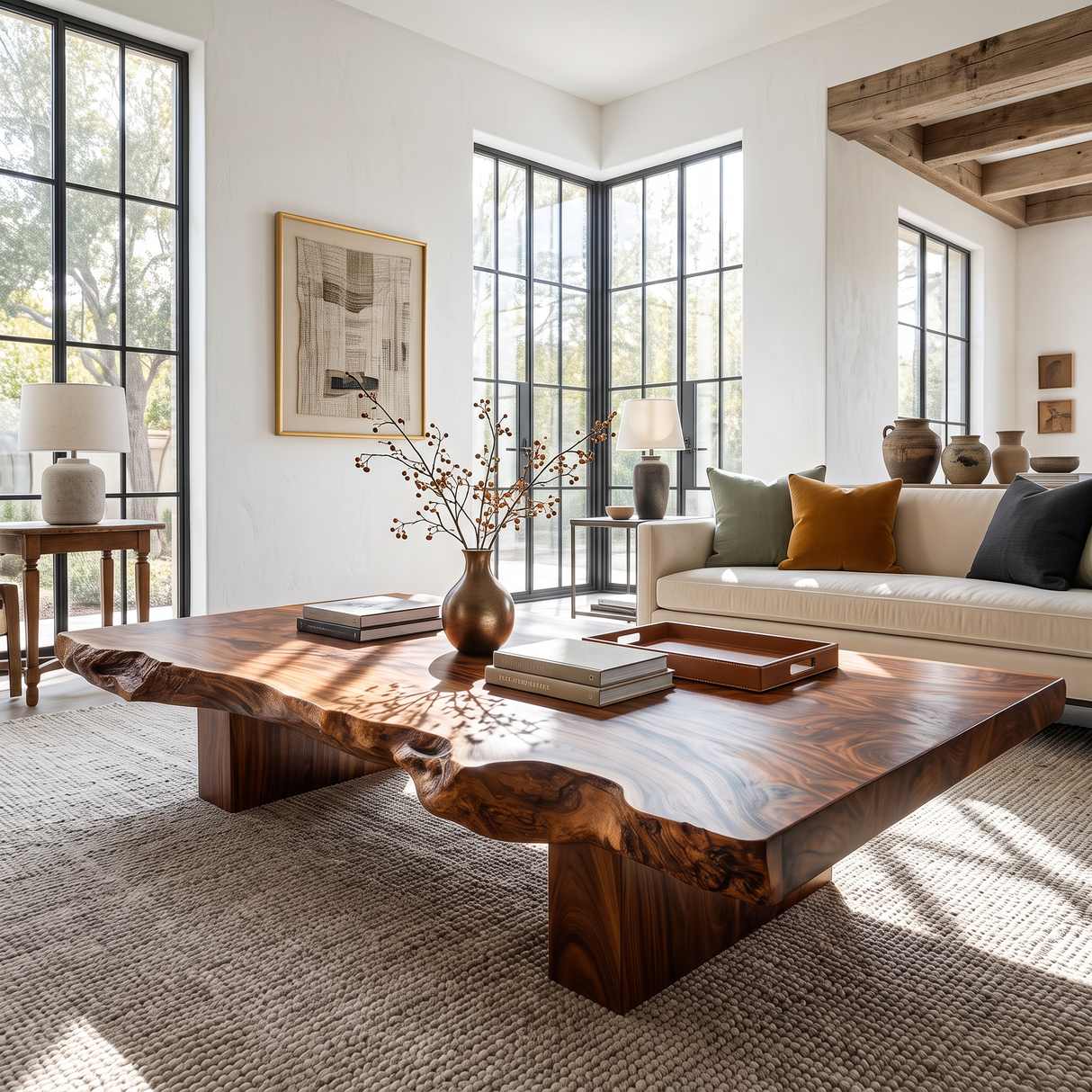 Coffee Table Solid Wood with Organic Live Edge and Block Base for Living Room