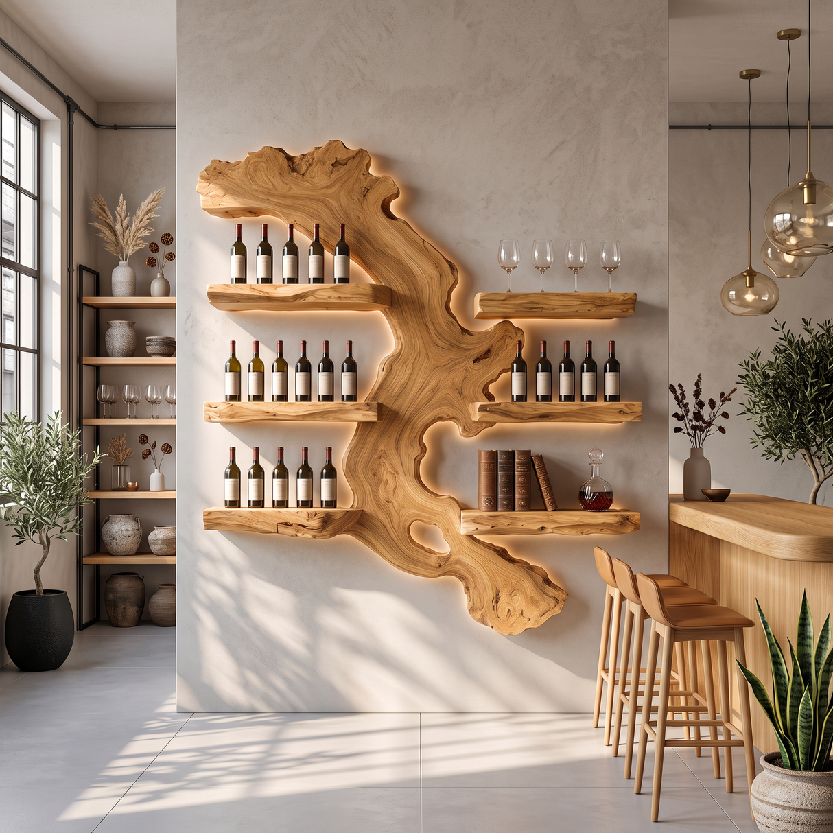Wall Mounted Wine Rack Solid Wood with Abstract Live Edge Shelves