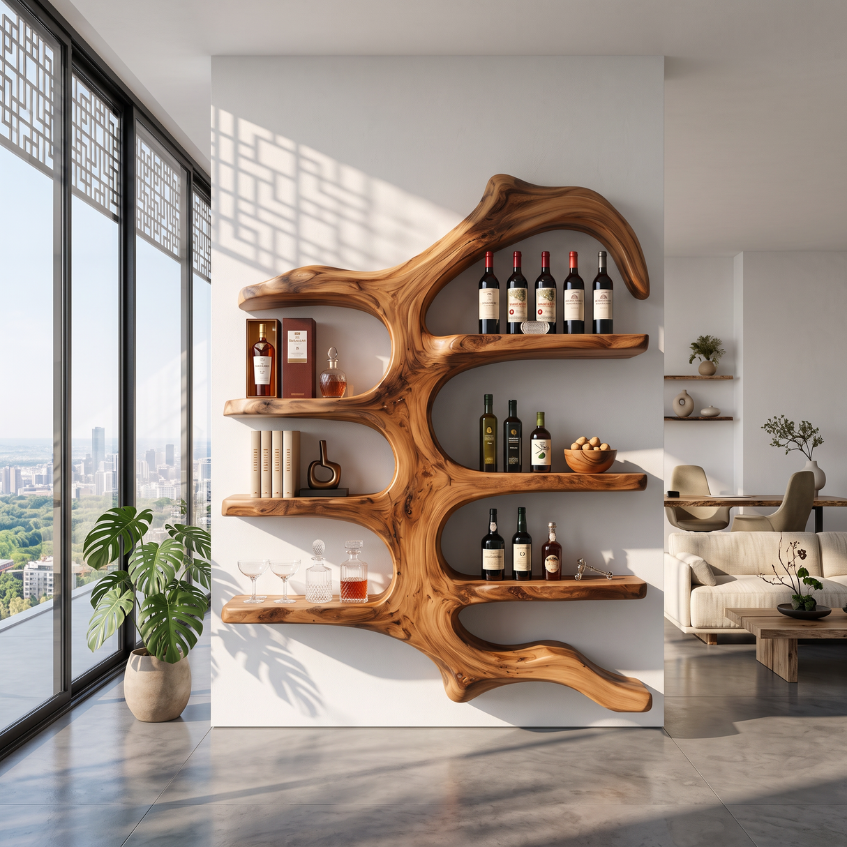Wall Mounted Wine Rack Solid Wood with Sculptural Organic Frame and Floating Shelves