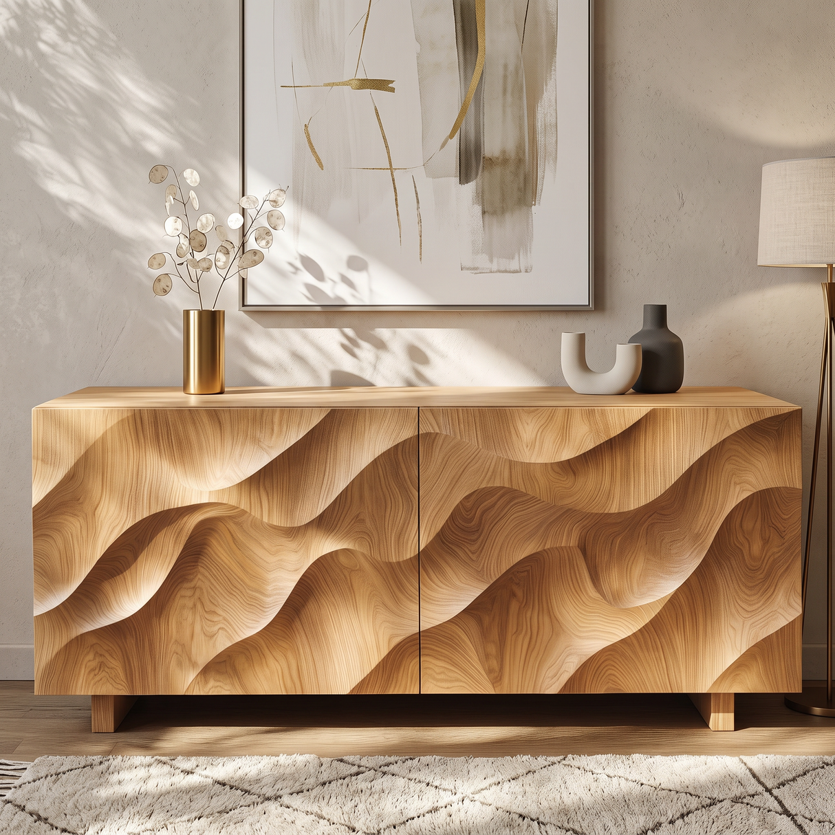 Sideboard Solid Wood with Sculptural Ripple Carved Front