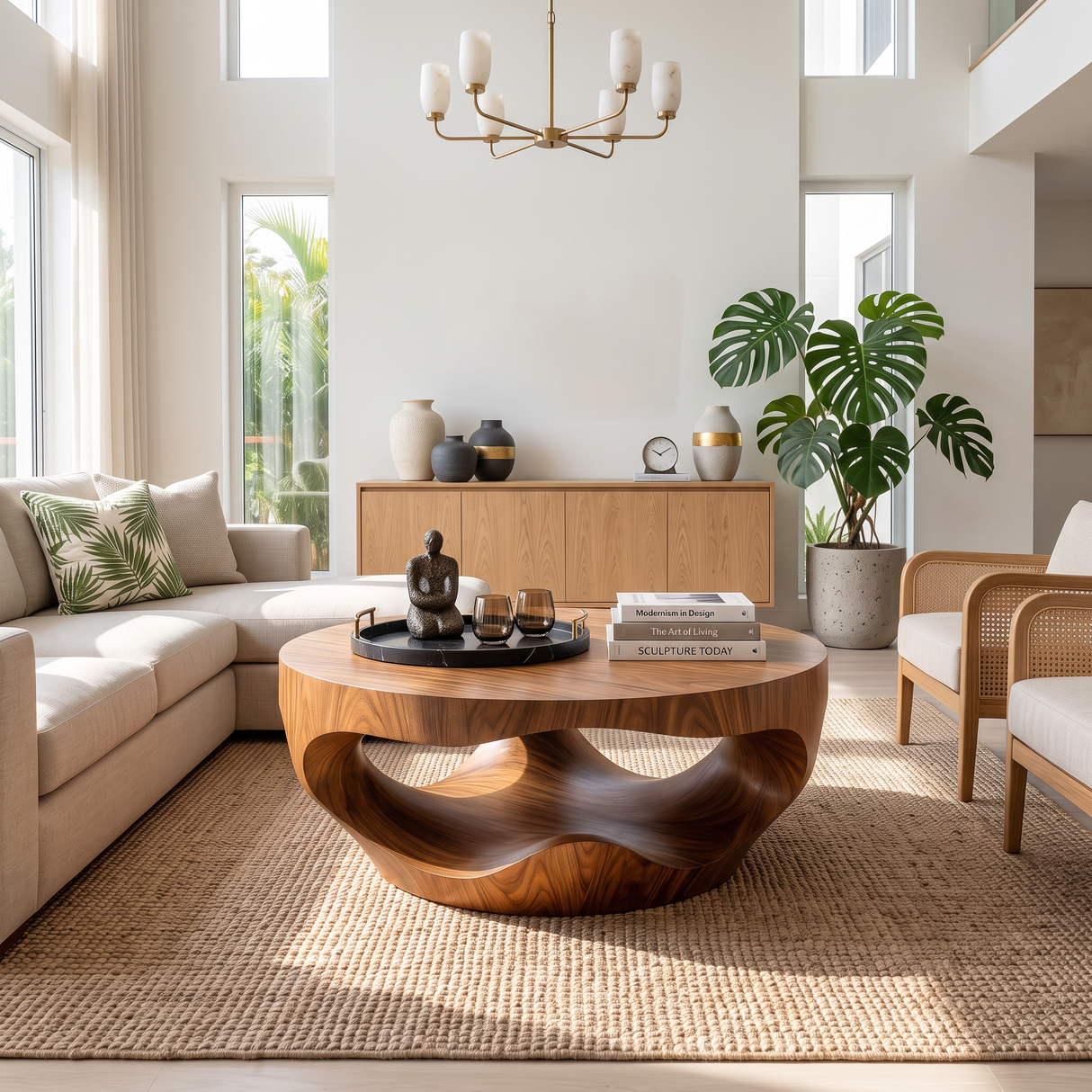 Coffee Table Solid Wood with Sculptural Hollow Bowl Base
