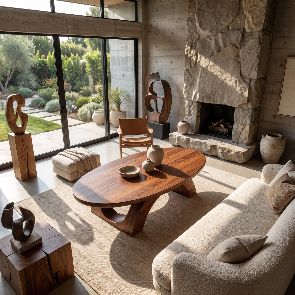 Coffee Table Solid Wood with Sculptural Twin Arch Base