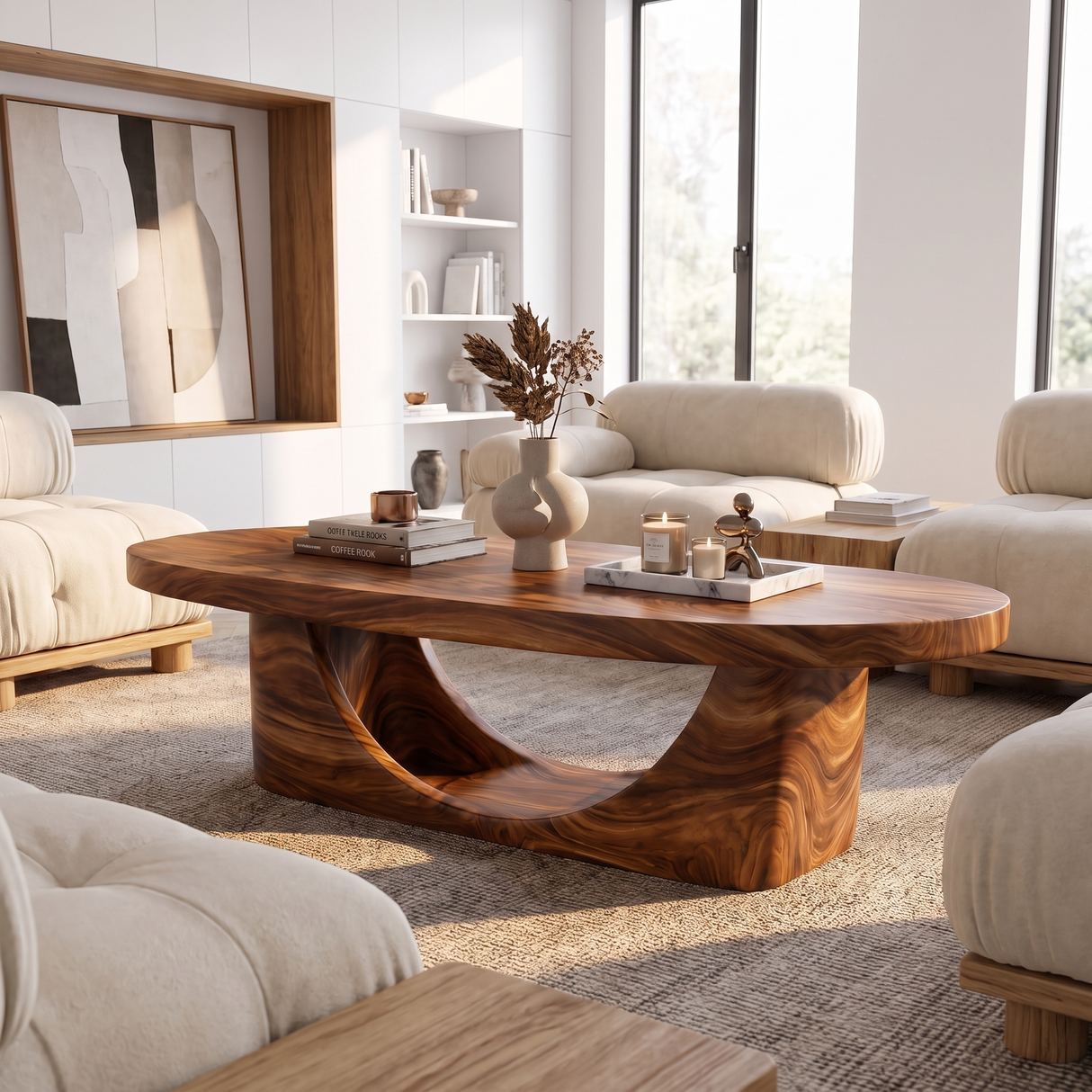 Coffee Table Solid Wood with Sculptural Crescent Loop Base