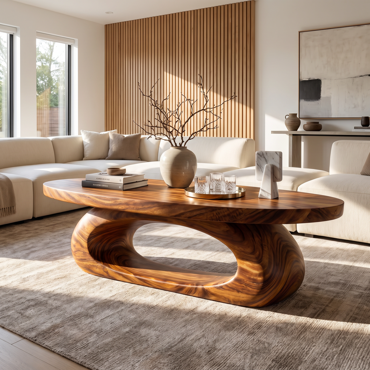 Coffee Table Solid Wood with Sculptural Oval Loop Base for Living Room