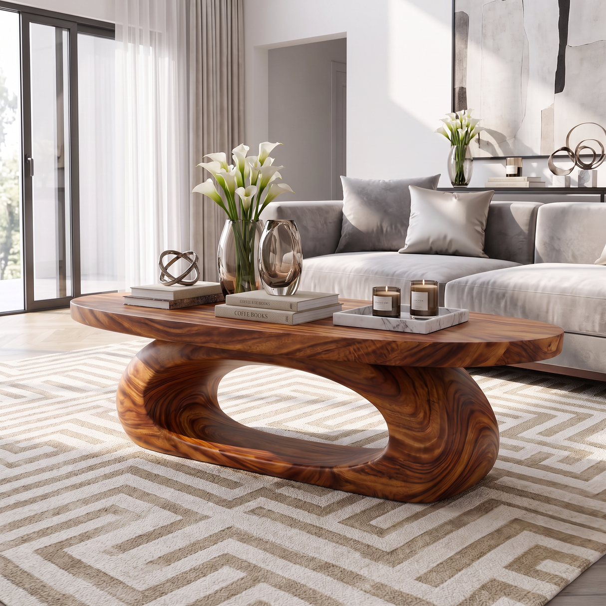 Coffee Table Solid Wood with Sculptural Oval Loop Base for Living Room