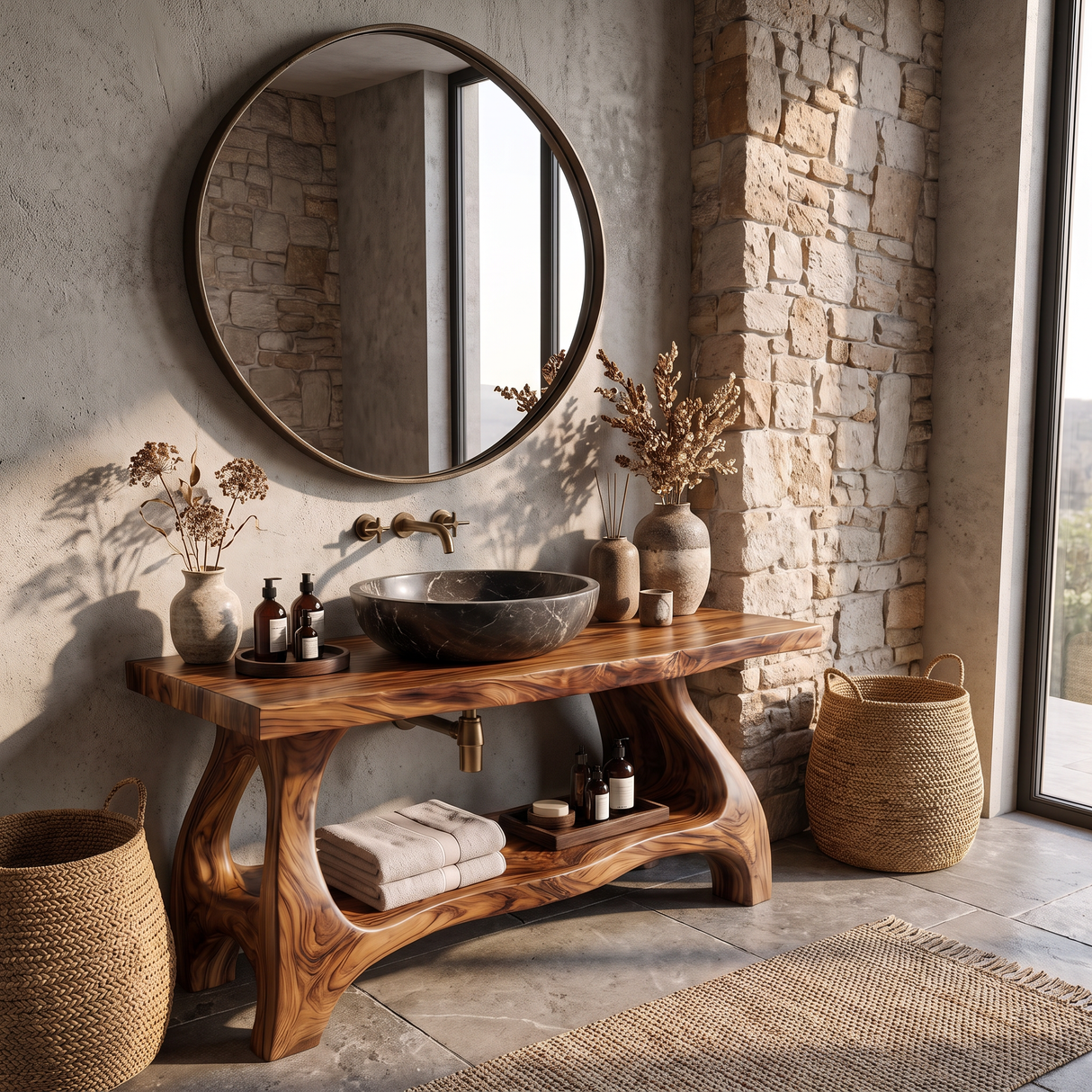 Bathroom Vanity Solid Wood with Sculptural Open Frame Base and Lower Shelf Storage