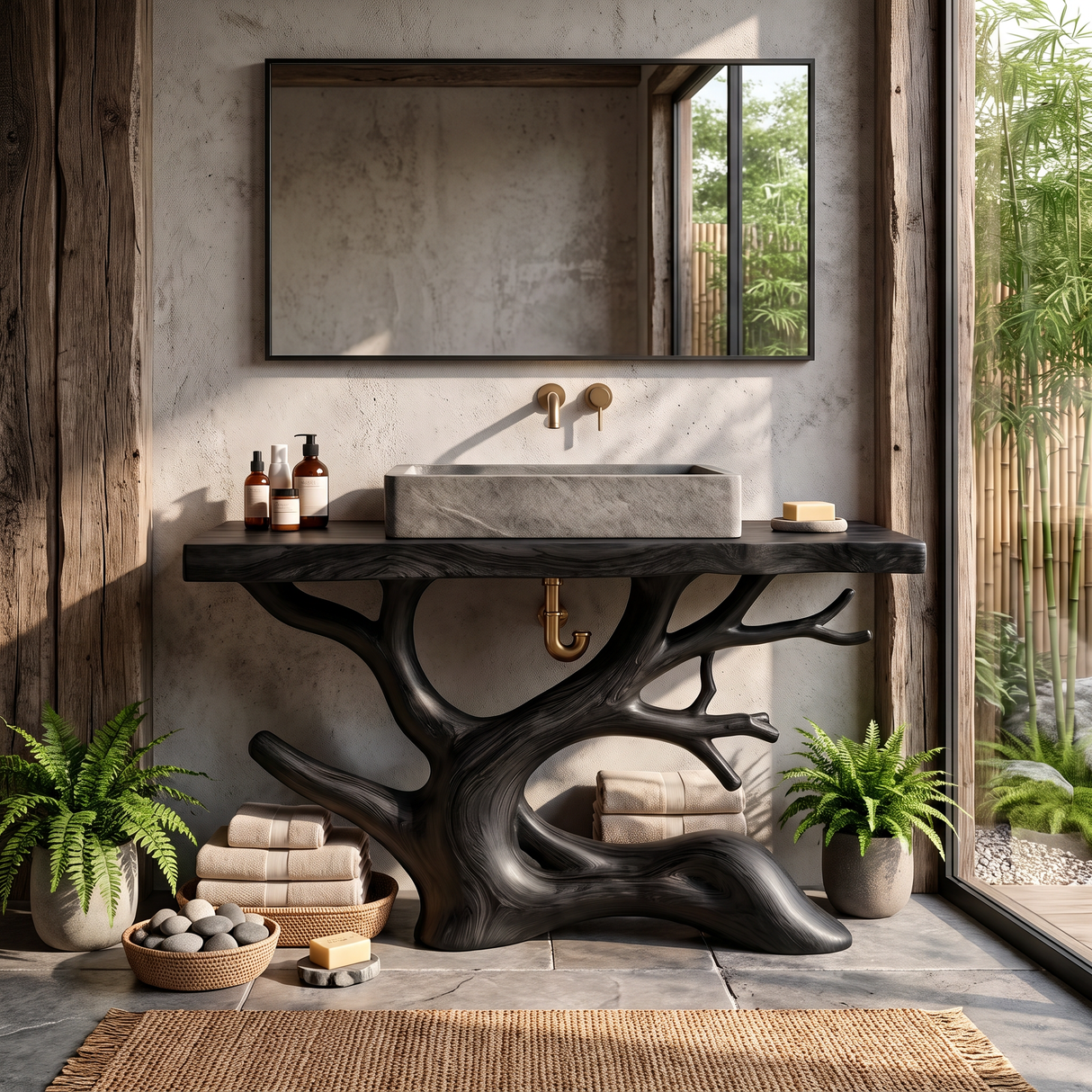 Bathroom Vanity Solid Wood with Sculptural Tree Branch Base