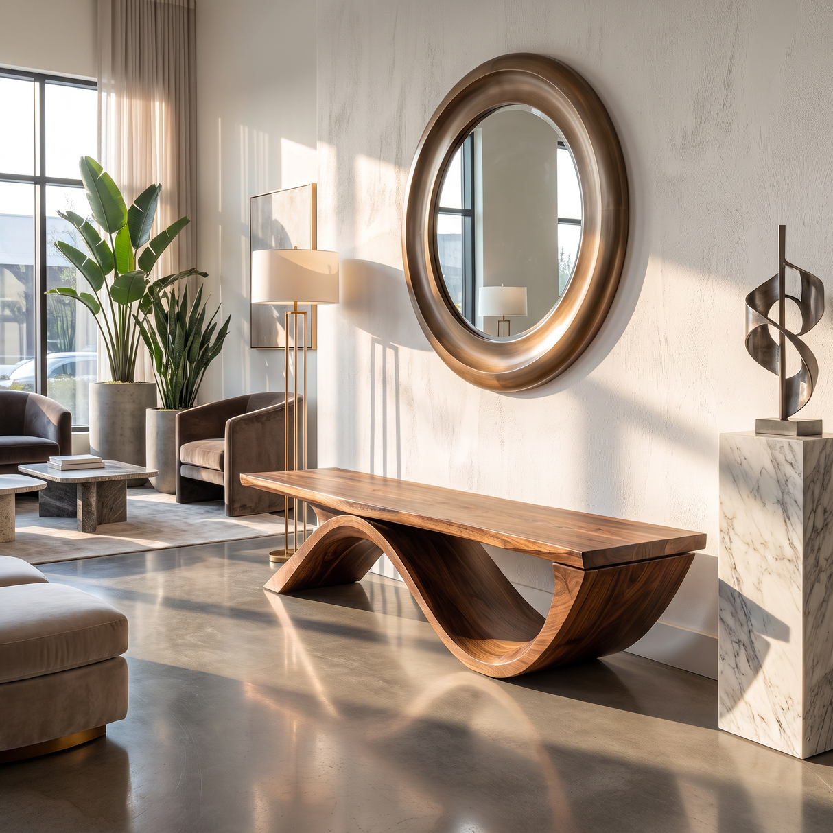 Bench Solid Wood with Sculptural Ribbon Wave Base