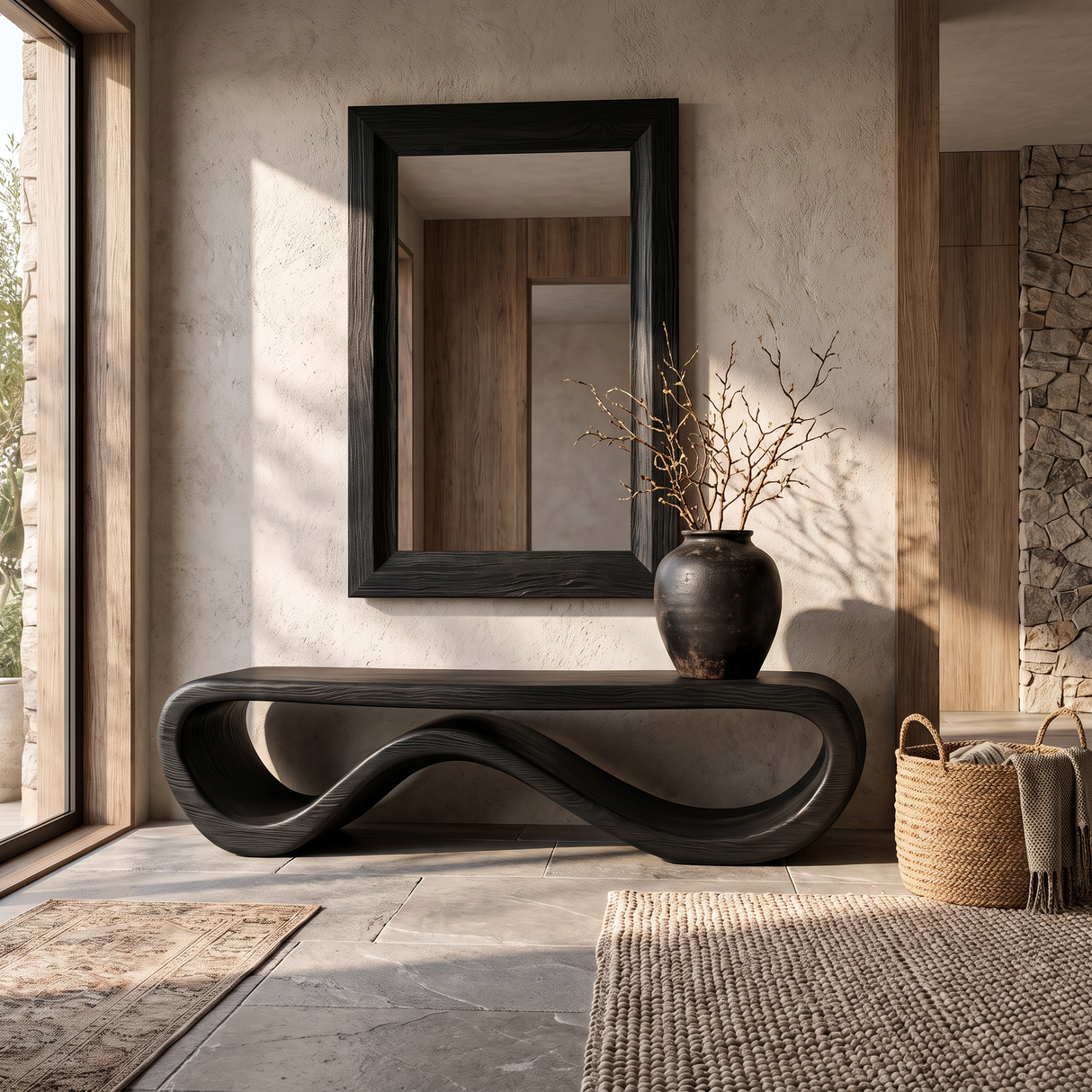 Bench Solid Wood with Sculptural Infinity Loop Base for Entryway Seating