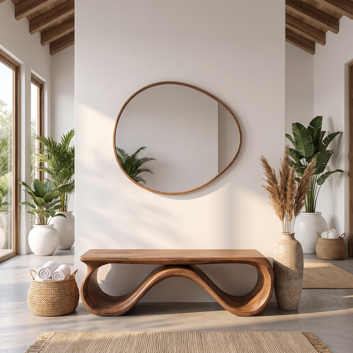 Bench Solid Wood with Sculptural Infinity Loop Base for Entryway Seating