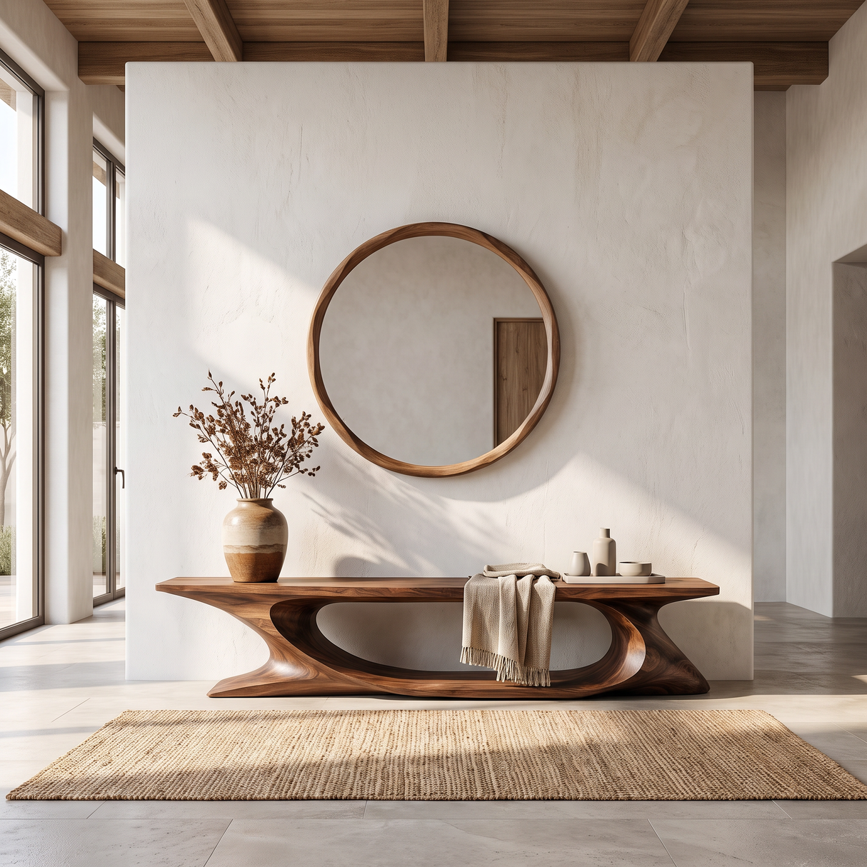 Bench Solid Wood with Sculptural Sweeping Arch Base for Entryway Seating