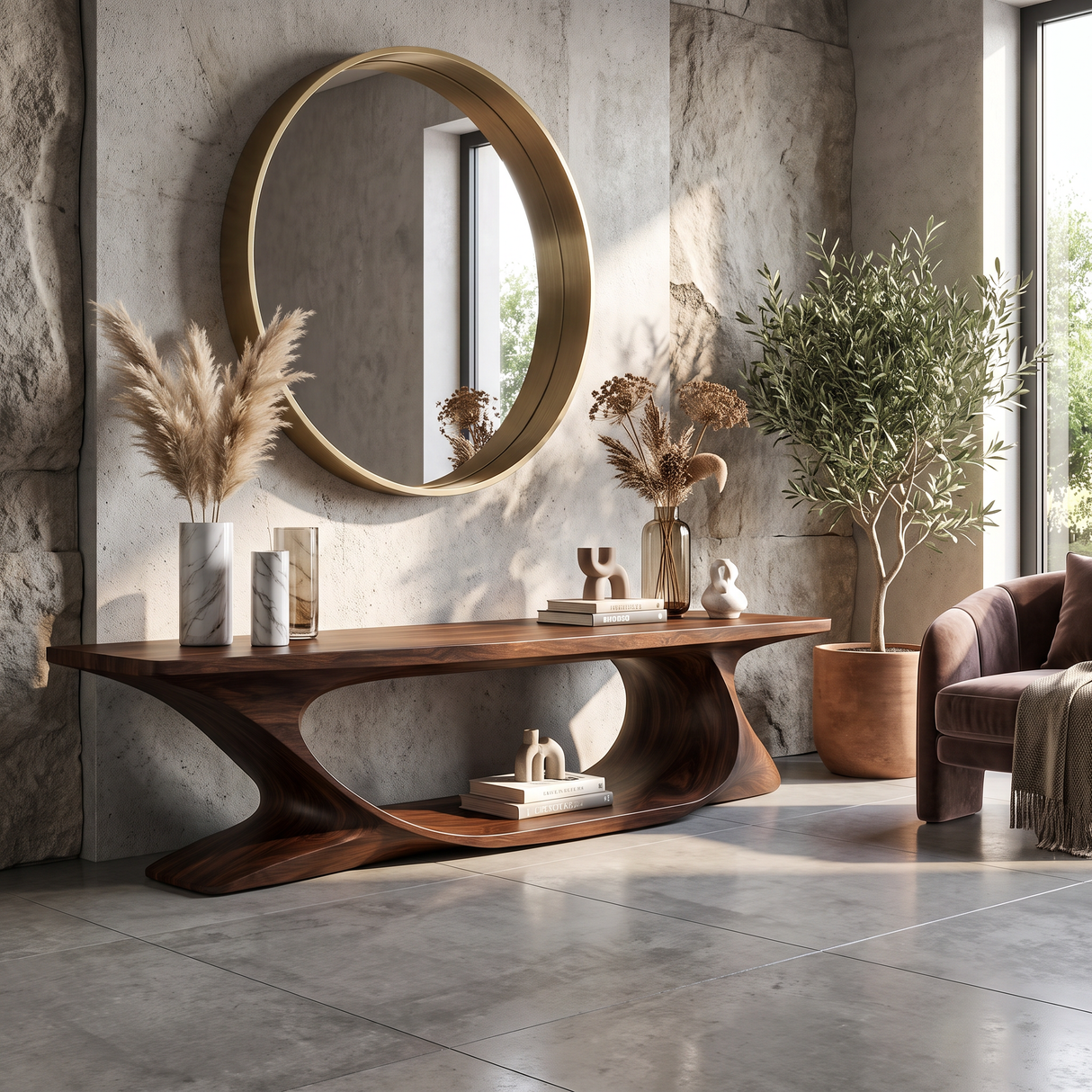 Bench Solid Wood with Sculptural Sweeping Arch Base for Entryway Seating