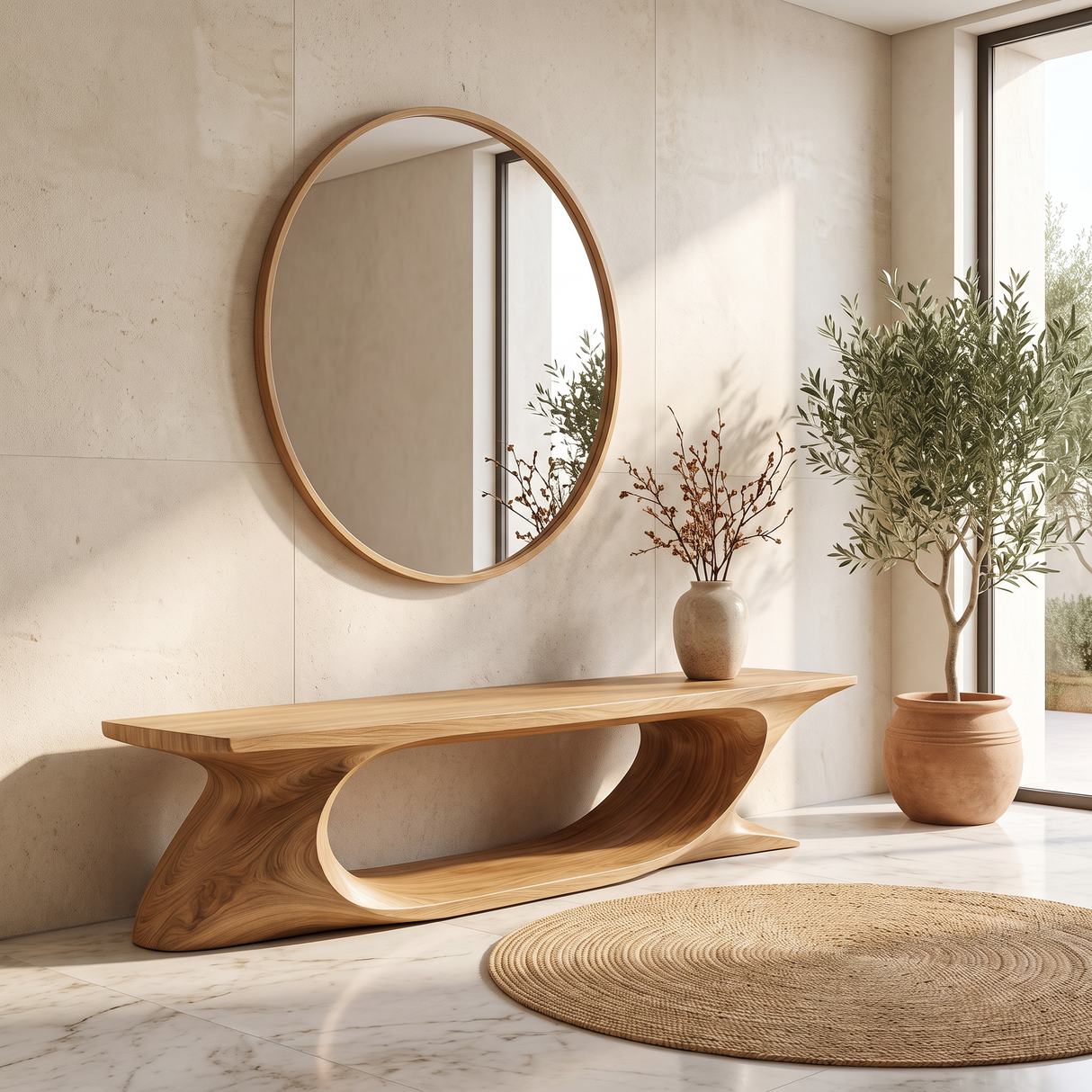Bench Solid Wood with Sculptural Sweeping Arch Base for Entryway Seating