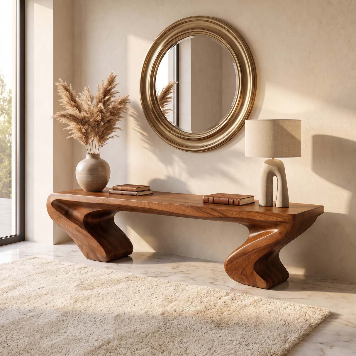 Bench Solid Wood with Twin Sculptural Curve Legs