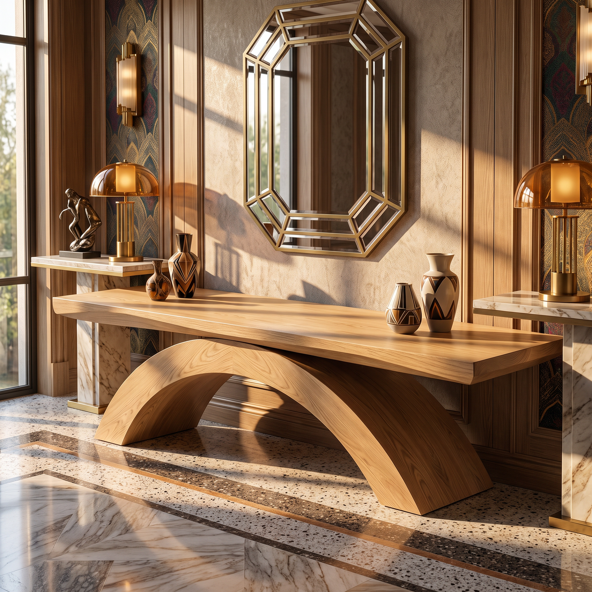 Bench Solid Wood with Sculptural Crossing Arch Base for Entryway Seating