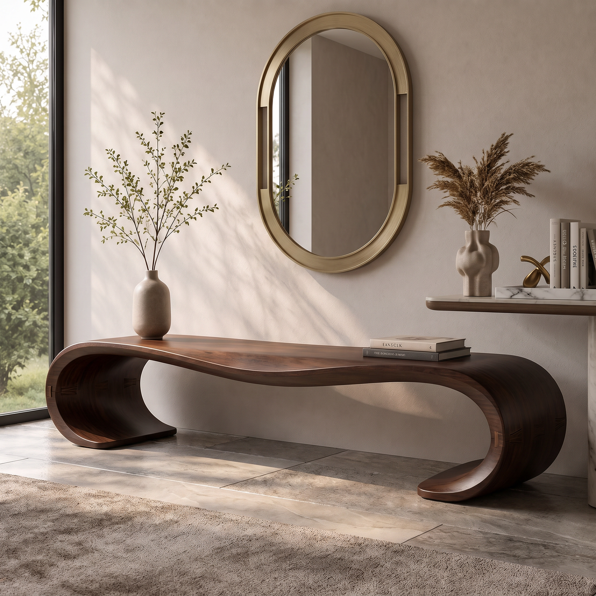 Bench Solid Wood with Sculptural Waterfall Loop Base for Entryway Seating