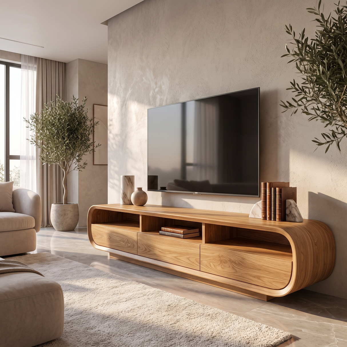 Solid Wood Entertainment Unit Curved Storage Media Console Organic Modern TV Cabinet
