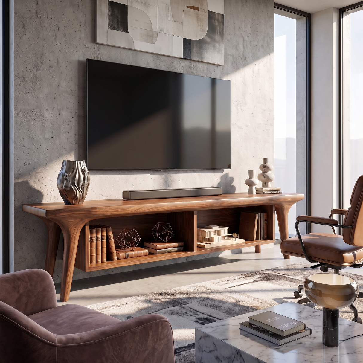 Solid Wood TV Cabinet with Open Shelving, Mediterranean Modern Media Console
