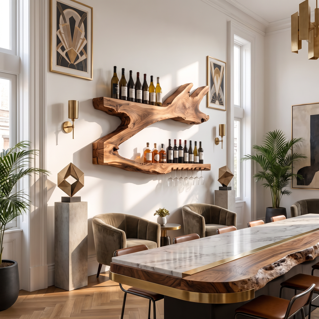 Wall Mounted Wine Rack Solid Wood Organic Branch Shelves for Home Bar
