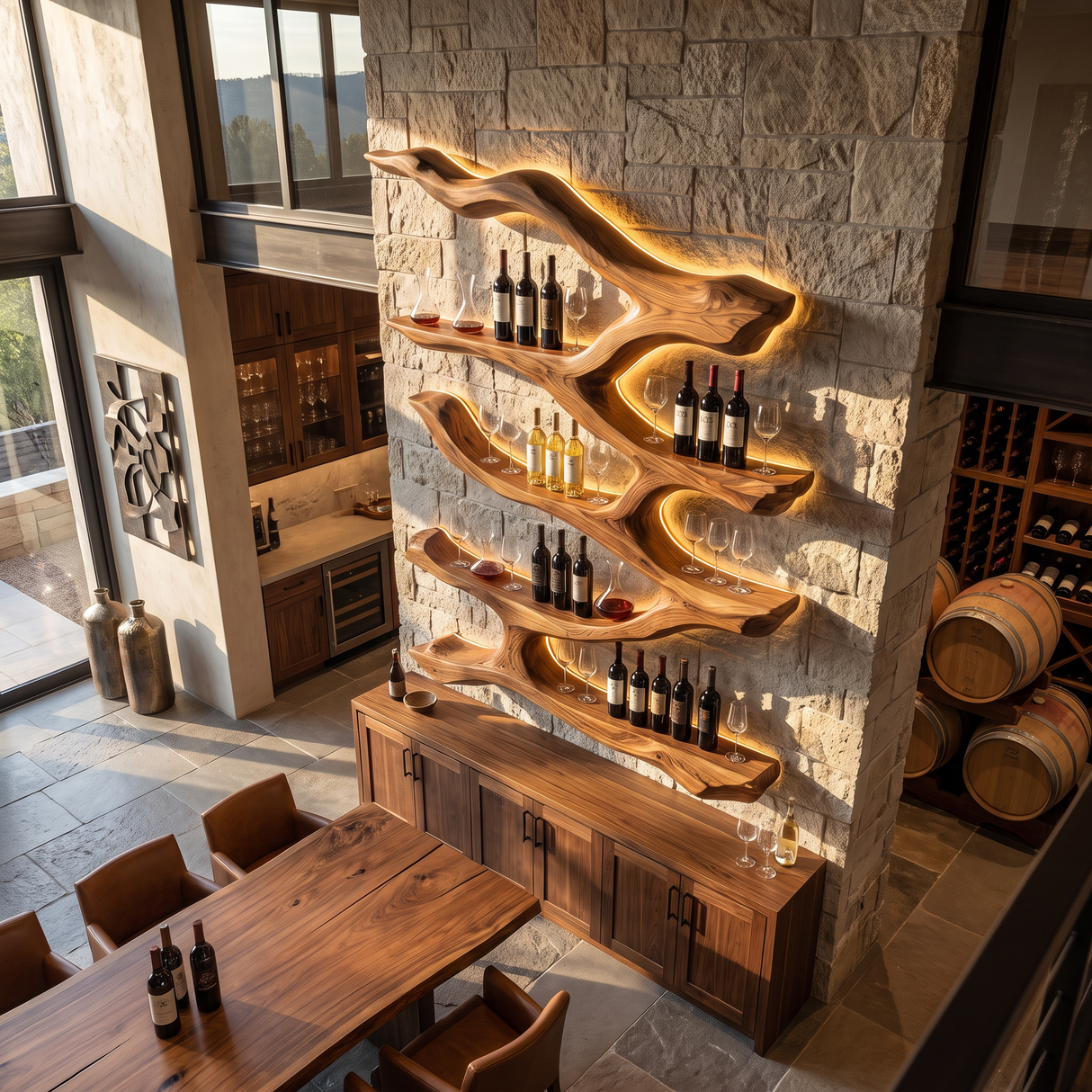 Wall Mounted Wine Rack Solid Wood Flowing Branch Shelves