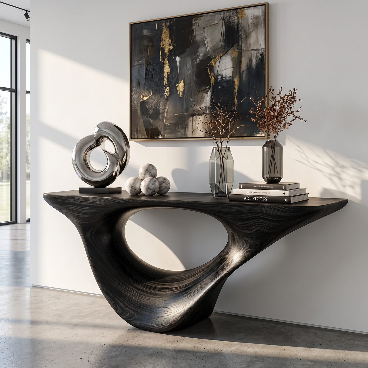 Console Table Solid Wood with Sculptural Organic Loop Base