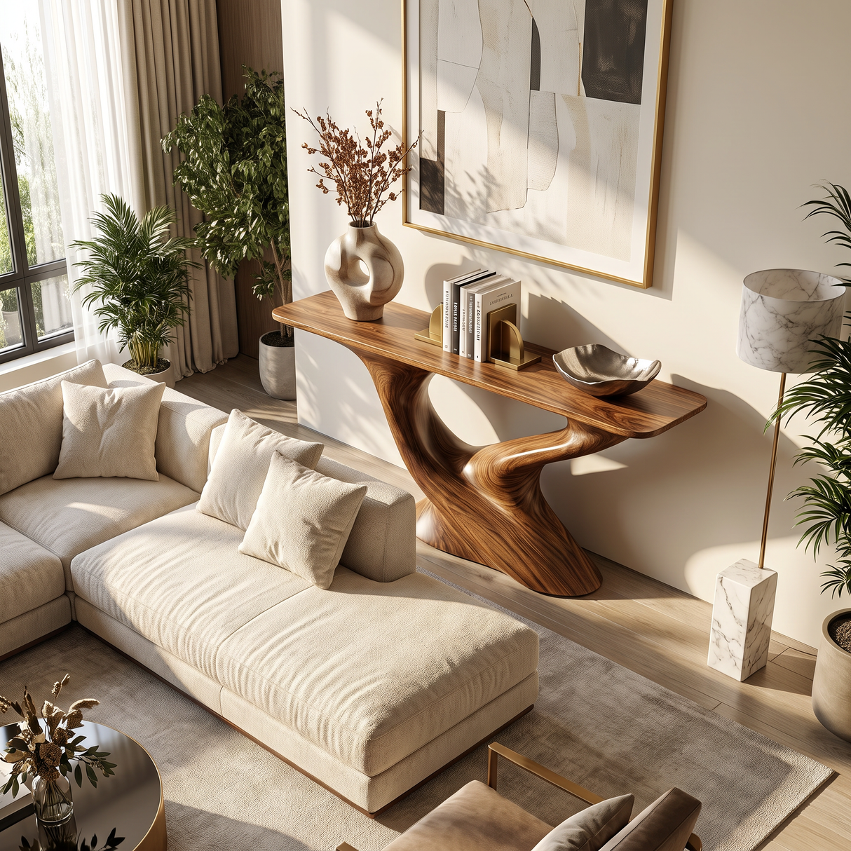 Console Table Solid Wood with Sculptural Tree Form Base for Entryway Decor