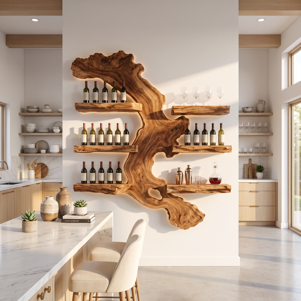 Wall Mounted Wine Rack Solid Wood with Abstract Live Edge Shelves