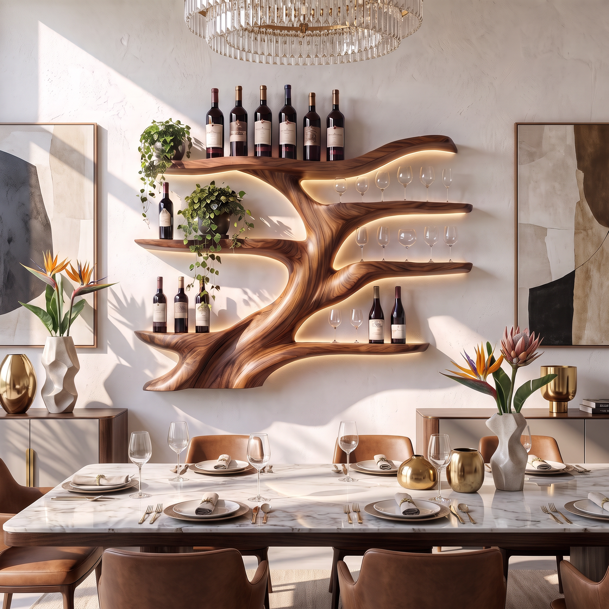 Wall-Mounted Wine Rack Solid Wood with Sculptural Organic Form and Display Shelves