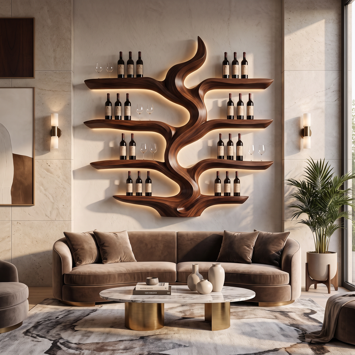 Wine Rack Solid Wood with Sculptural Flowing Form and Display Shelves