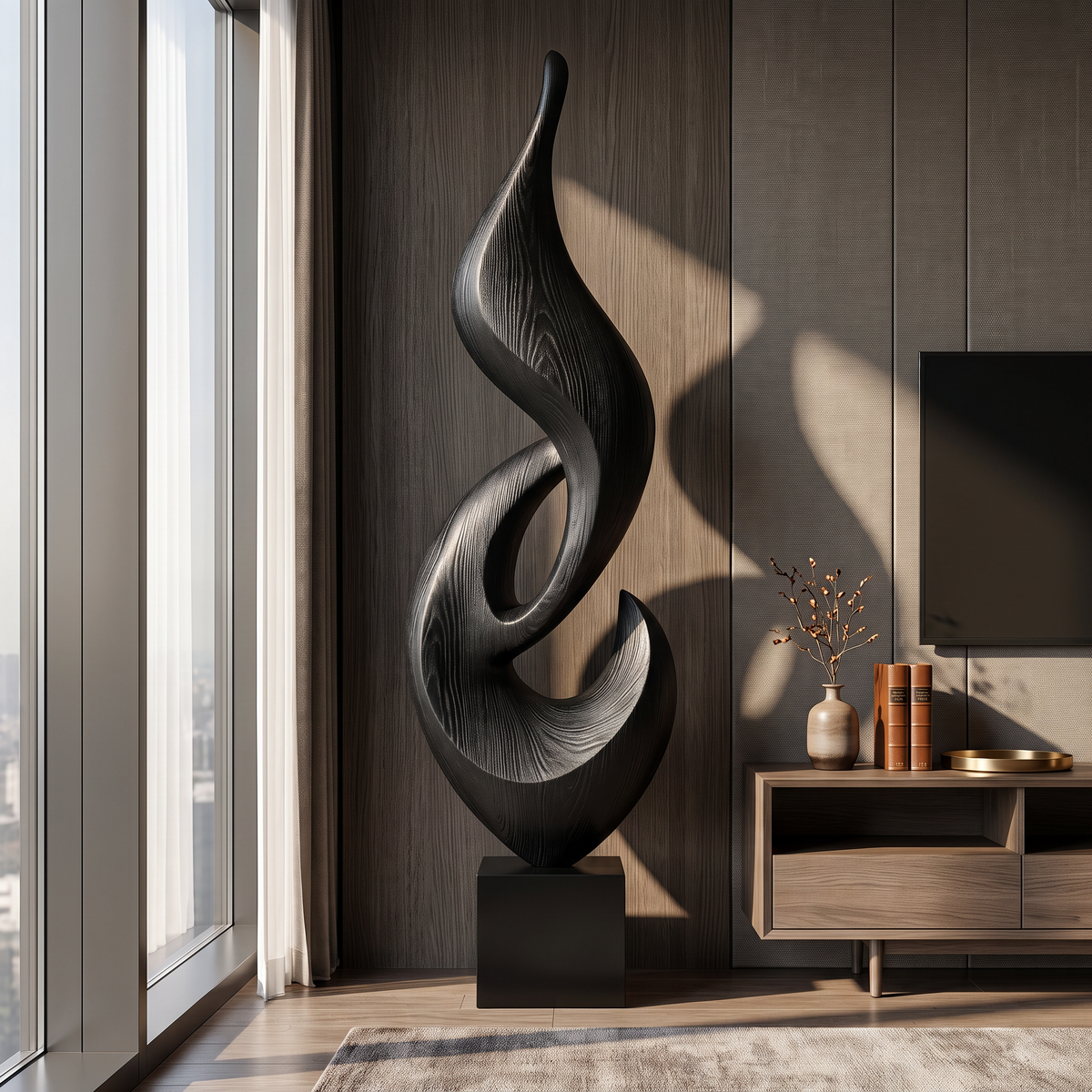 Tall Solid Wood Abstract Flame Floor Sculpture with Plinth for Modern Interiors