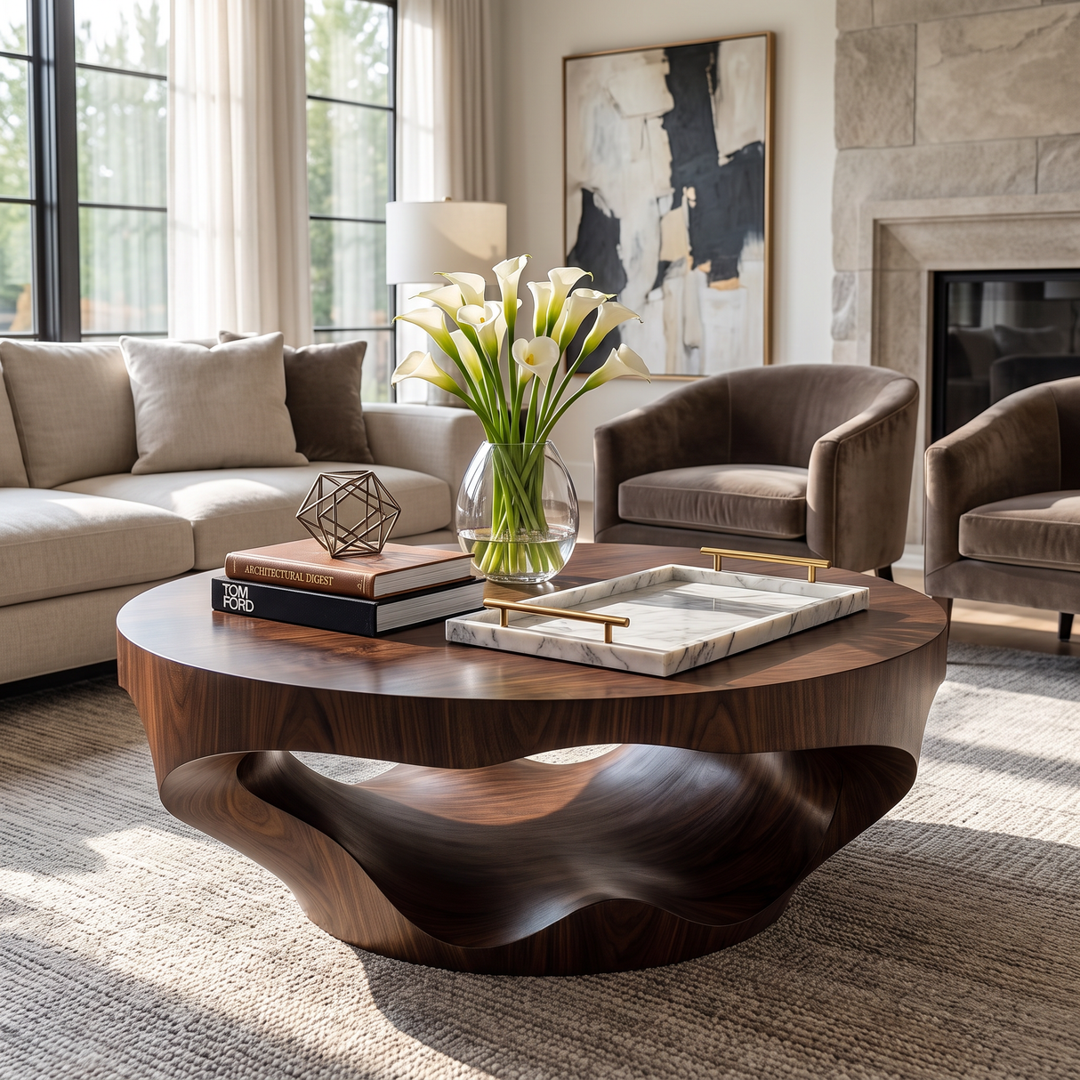Coffee Table Solid Wood with Sculptural Crescent Wave Base