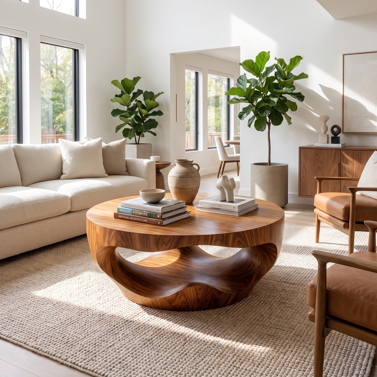 Coffee Table Solid Wood with Sculptural Hollow Bowl Base