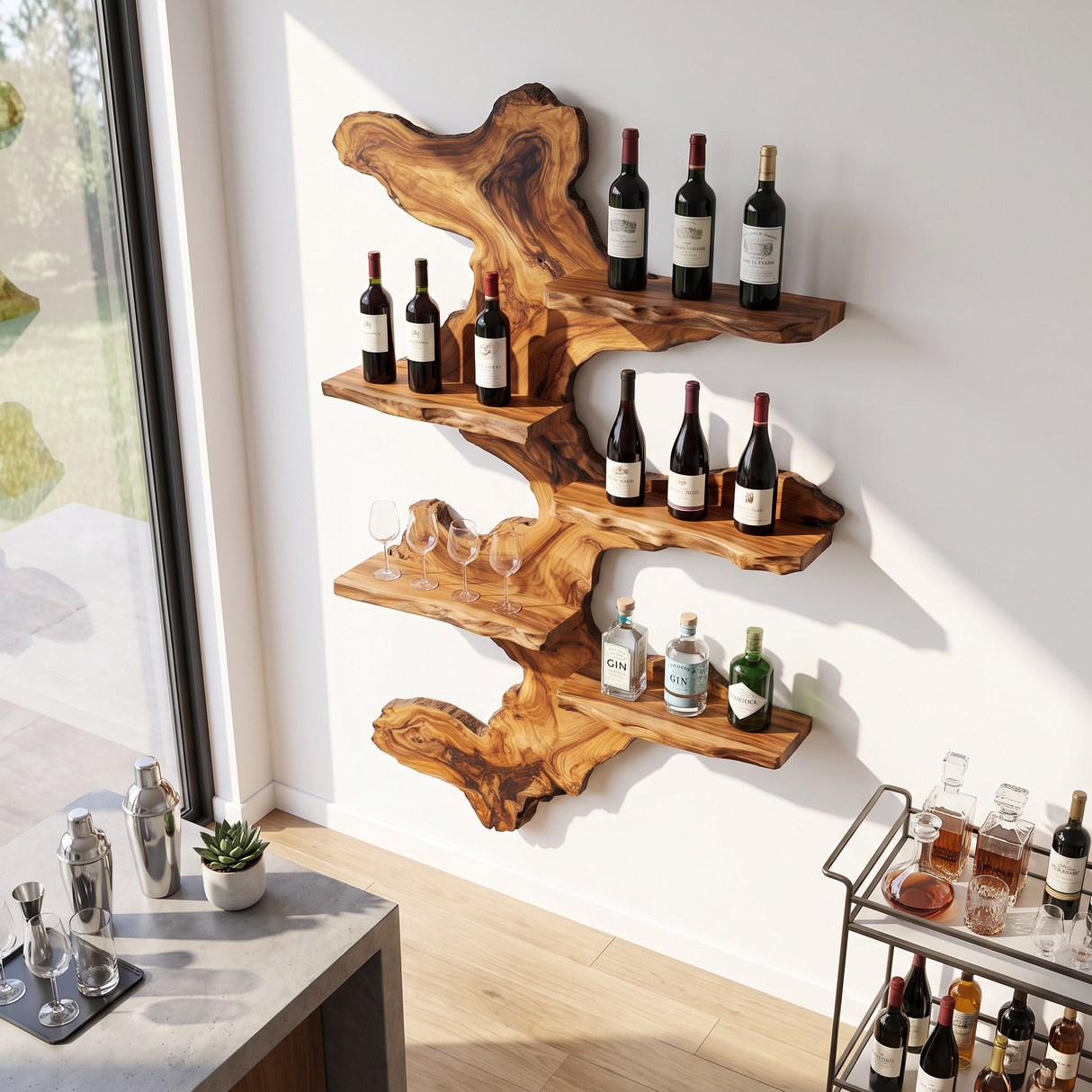 Wall Mounted Wine Rack Solid Wood with Abstract Live Edge Form and Floating Shelves