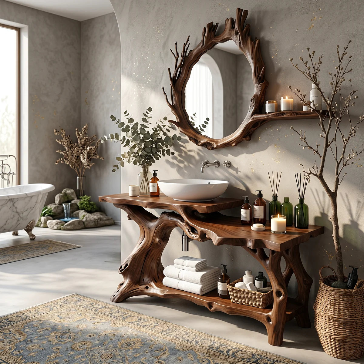 Live Edge Solid Wood Vanity with Branch-Style Base and Open Shelf