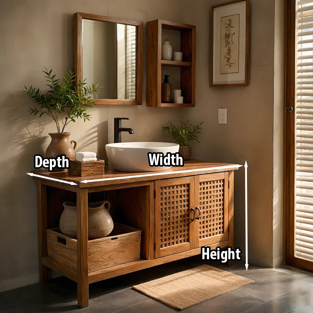 Solid-Wood Bathroom Vanity with Lattice Doors for Japandi Bathrooms